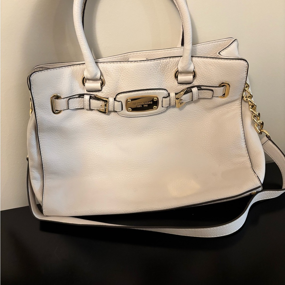 Michael Kors White Leather Satchel with Gold Accents